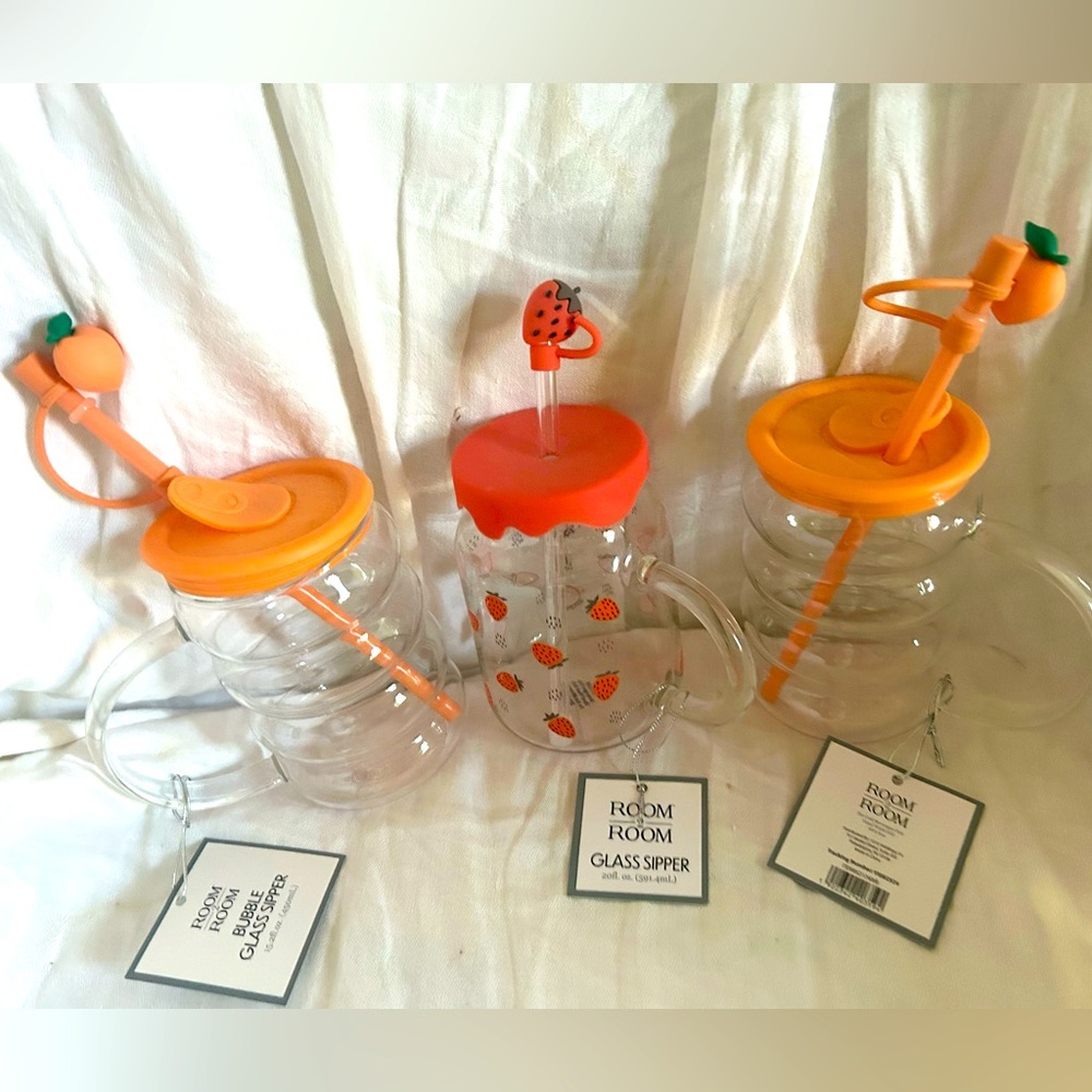 NEW strawberries adorable drinking glass sipper + 2 peach theme sipper glasses